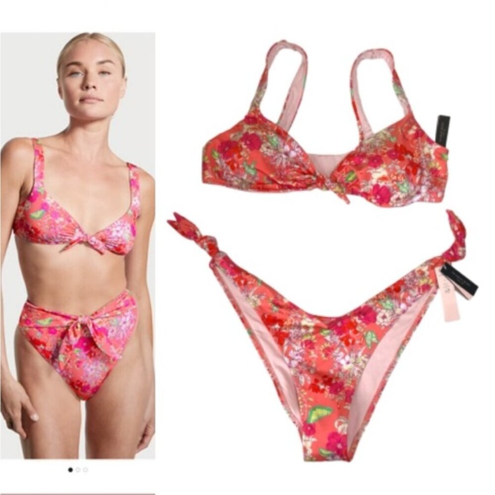 Victoria’s Secret Swim NEW Floral Bikini Adjustable Ties High Cut Padded Bra ML